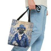 Regal Pug Canvas Tote Bag, Blue Floral Design for Dog Lovers