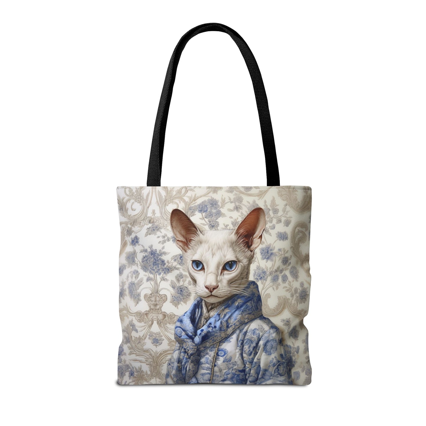 Elegant Oriental Cat Tote Bag in Blue Floral Design