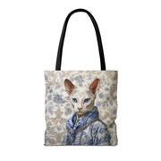 Elegant Oriental Cat Tote Bag in Blue Floral Design