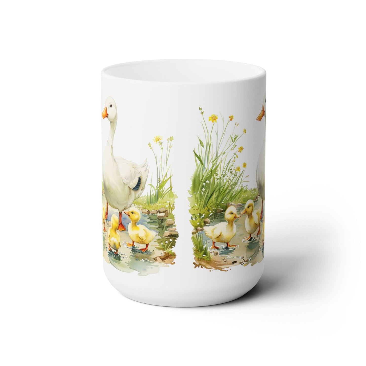 Mother Duck and Ducklings Pond Scene Coffee Mug, Whimsical Animal Gift Cup