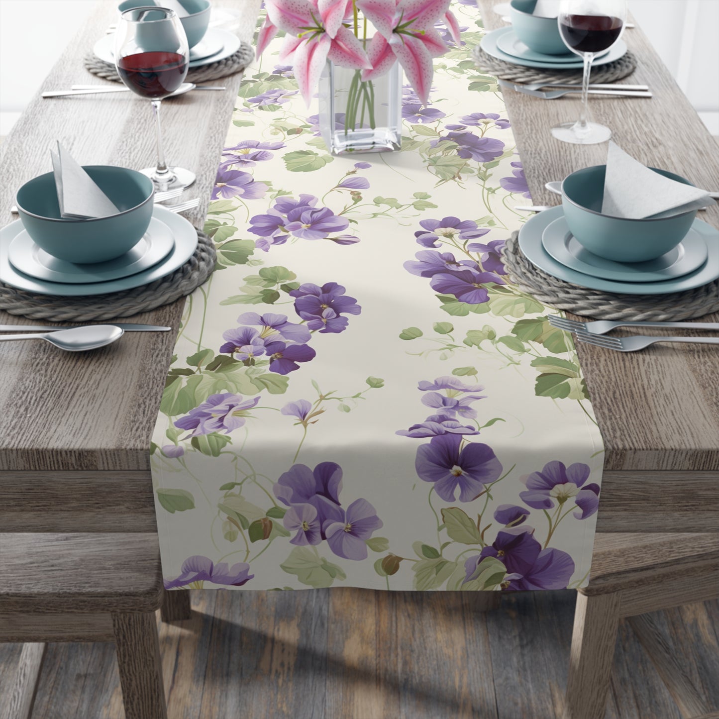 Spring Violet Table Runner | Cream and Purple Floral Décor (72" or 90")