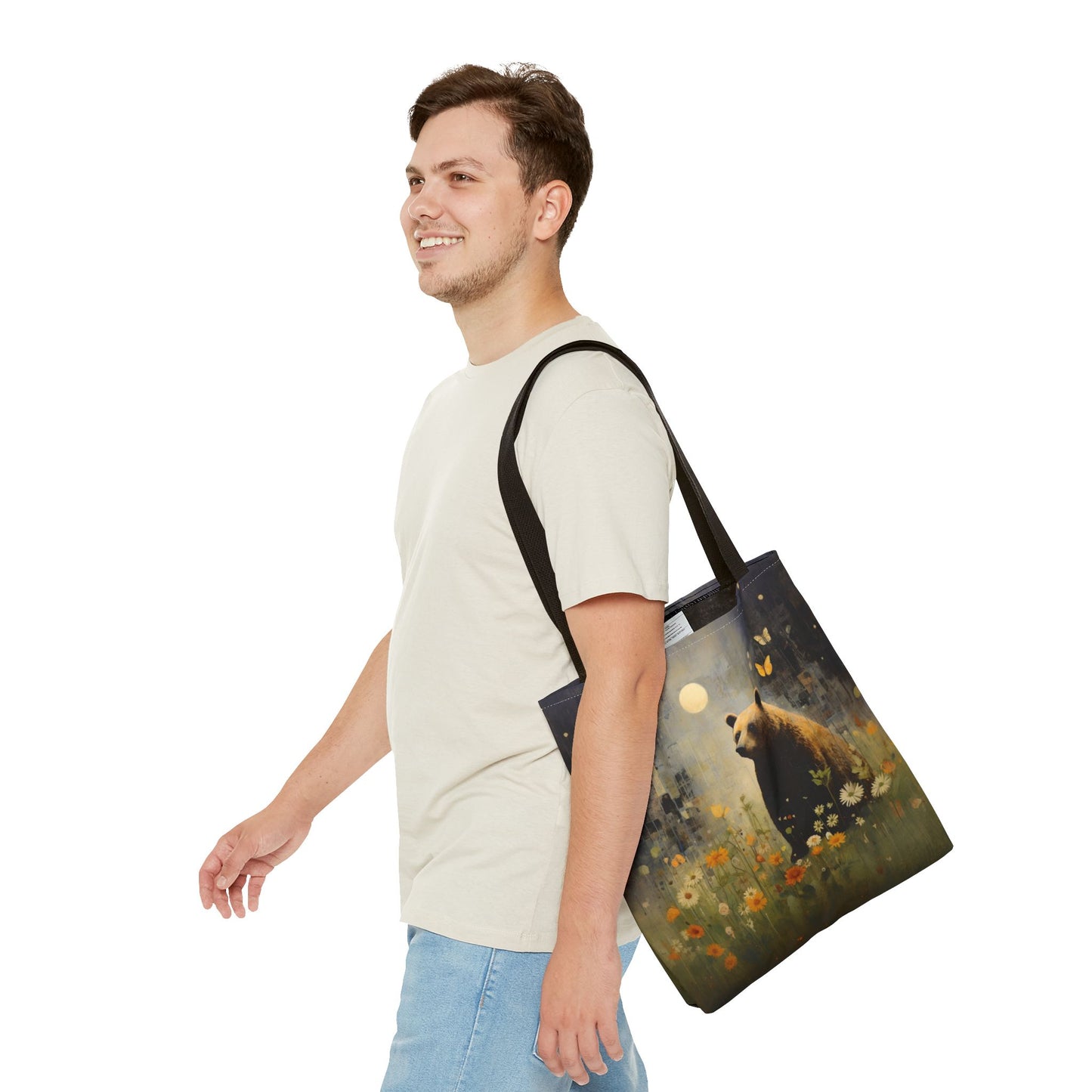 Bear in Moonlit Meadow Tote Bag, Eco-Friendly Nature Lover Gift