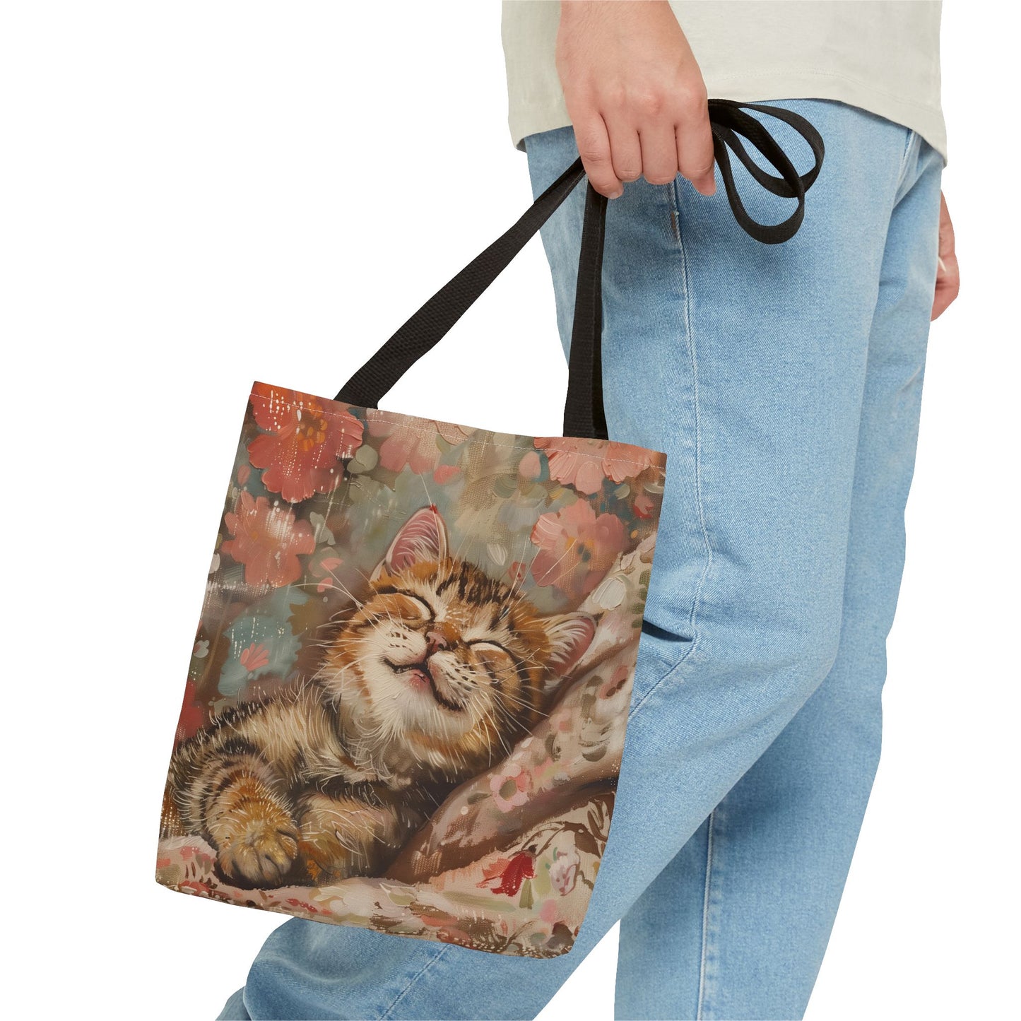 Charming Tabby Cat Tote Bag, Floral Design, Perfect Cat Lover Gift