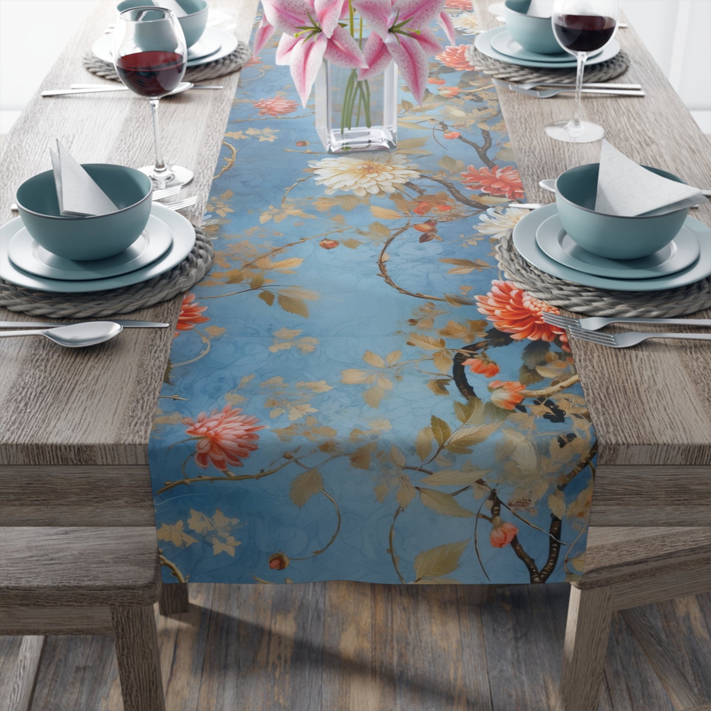 Chinoiserie Blue Floral Table Runner | Blue, White, and Coral Design (72" or 90")