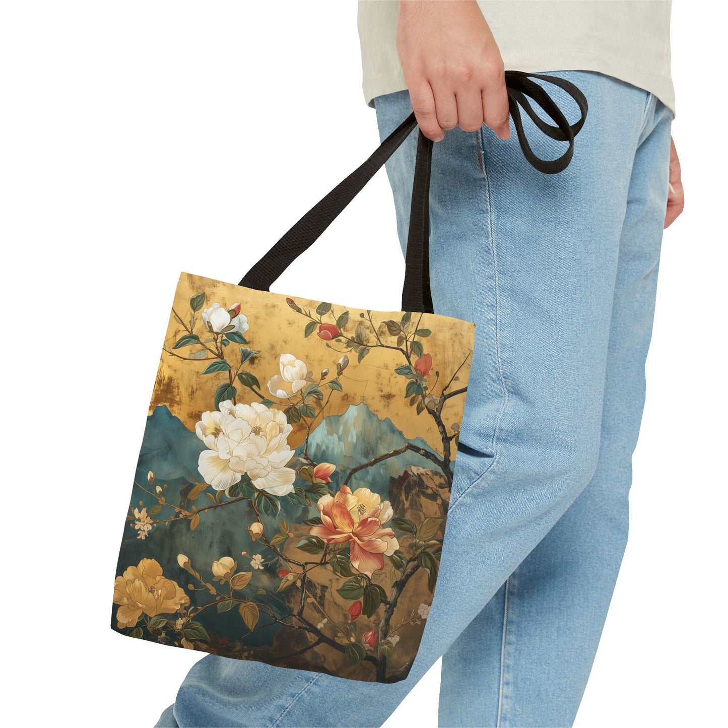 Golden Blossom Canvas Tote Bag - Elegant Floral Eco-Friendly Design