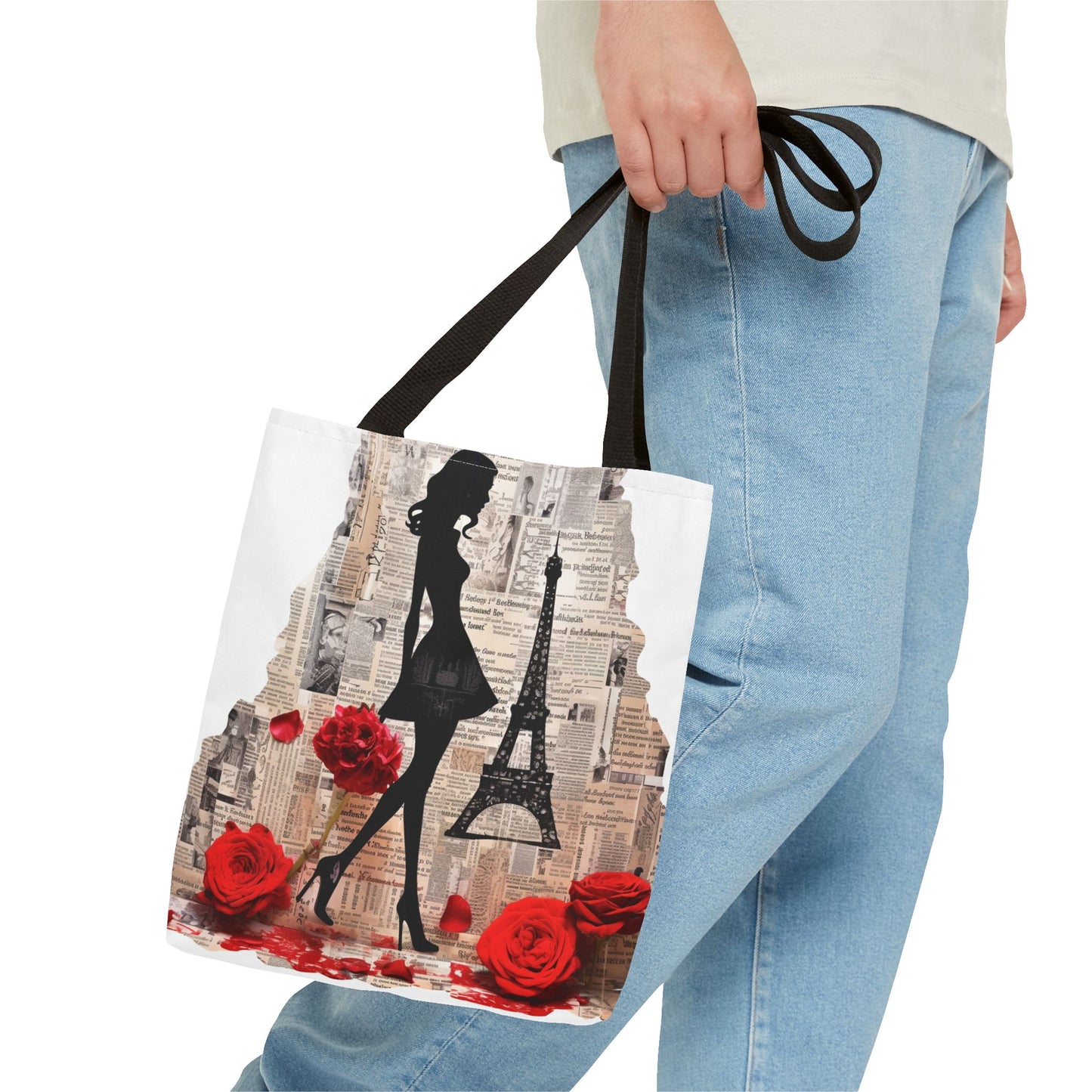 Parisian Elegance Tote Bag with Eiffel Tower & Red Rose Design