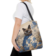 Siamese Elegance Tote Bag, Charming Cat Design in Blue and Beige Canvas