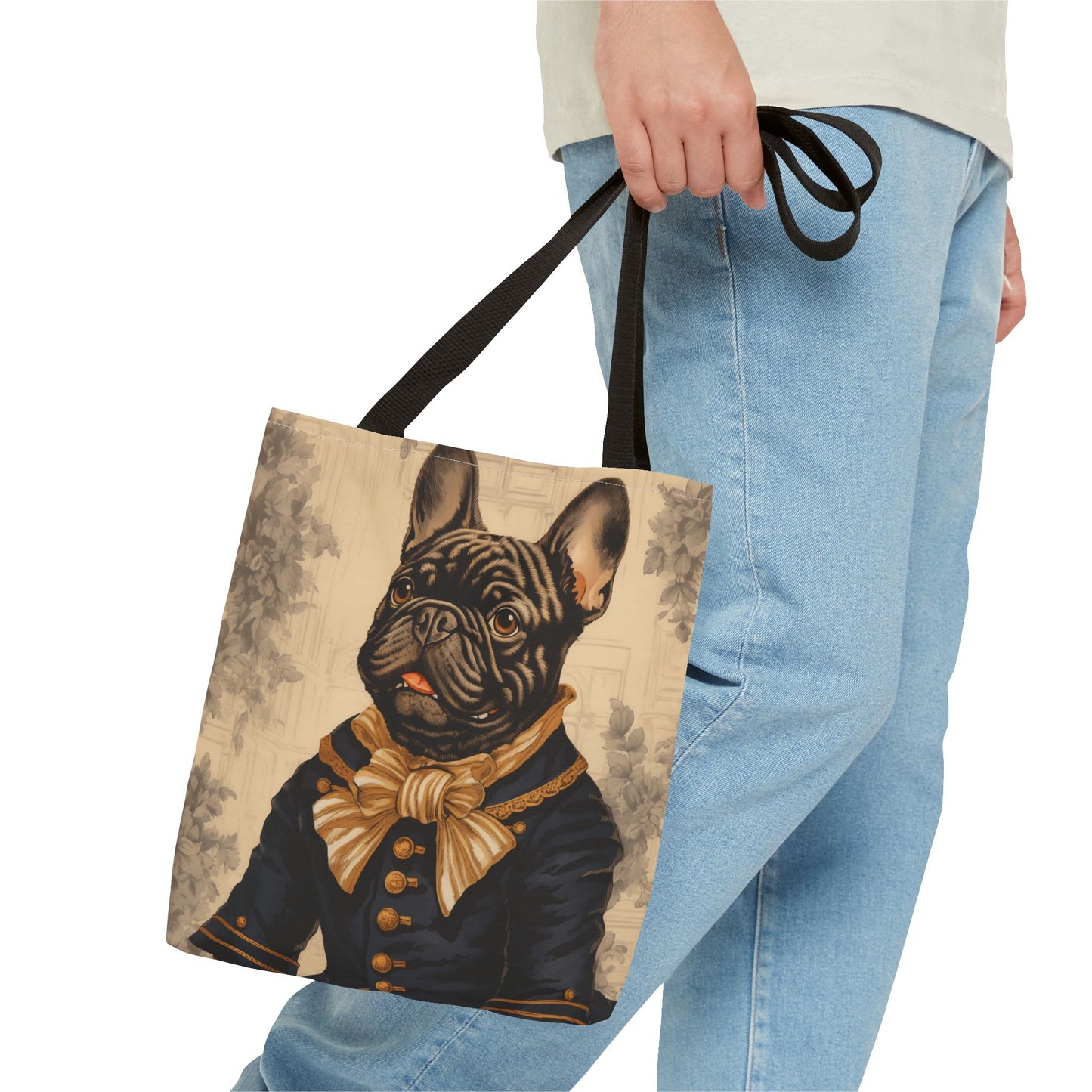 Frenchie Admiral Canvas Tote Bag, Elegant Brindle Bulldog Design