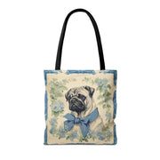 Charming Pug Tote Bag with Blue Bow and Floral Design