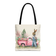 Vintage Easter Bunny Tote Bag, Pink Truck Design, Eco-Friendly Canvas