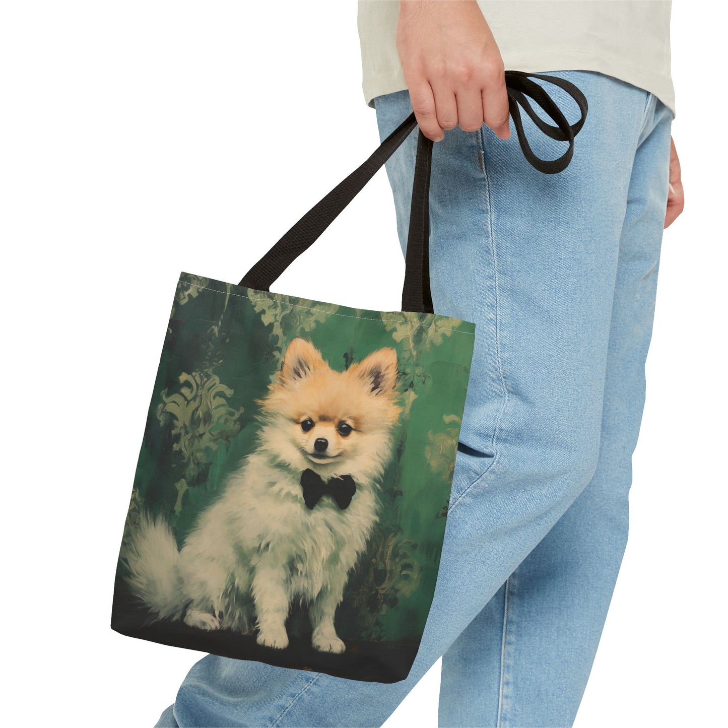 Pomeranian Portrait Tote Bag, Artsy Green Design for Dog Lovers