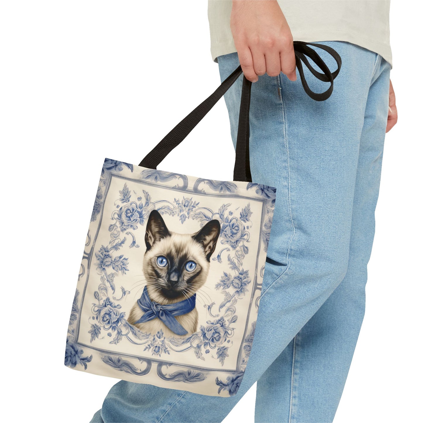 Siamese Cat Tote Bag with Vintage Blue Floral Design