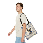 Siamese Cat Tote Bag with Vintage Blue Floral Design