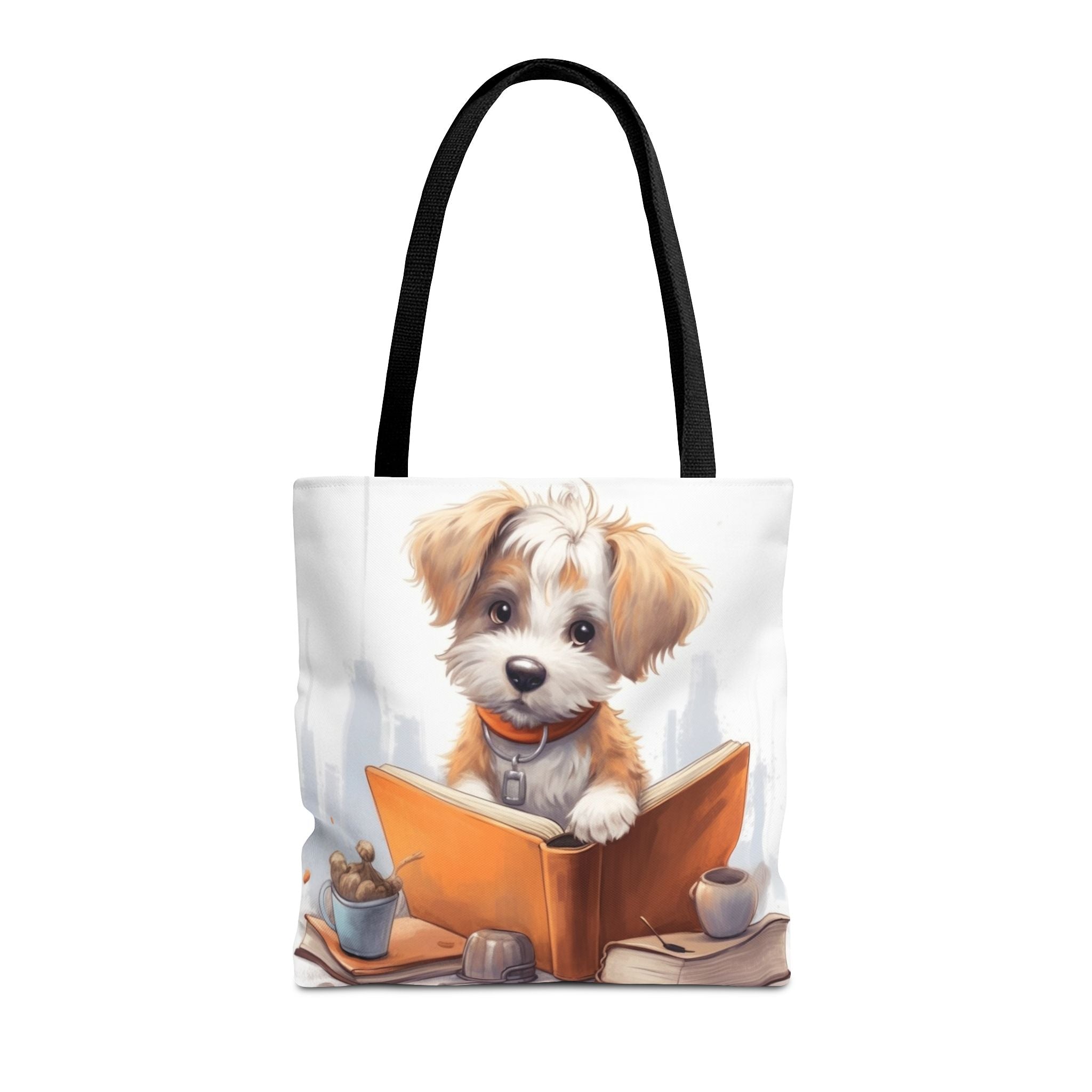 Playful Terrier Reading Tote Bag, Artistic Eco-Friendly Canvas Gift