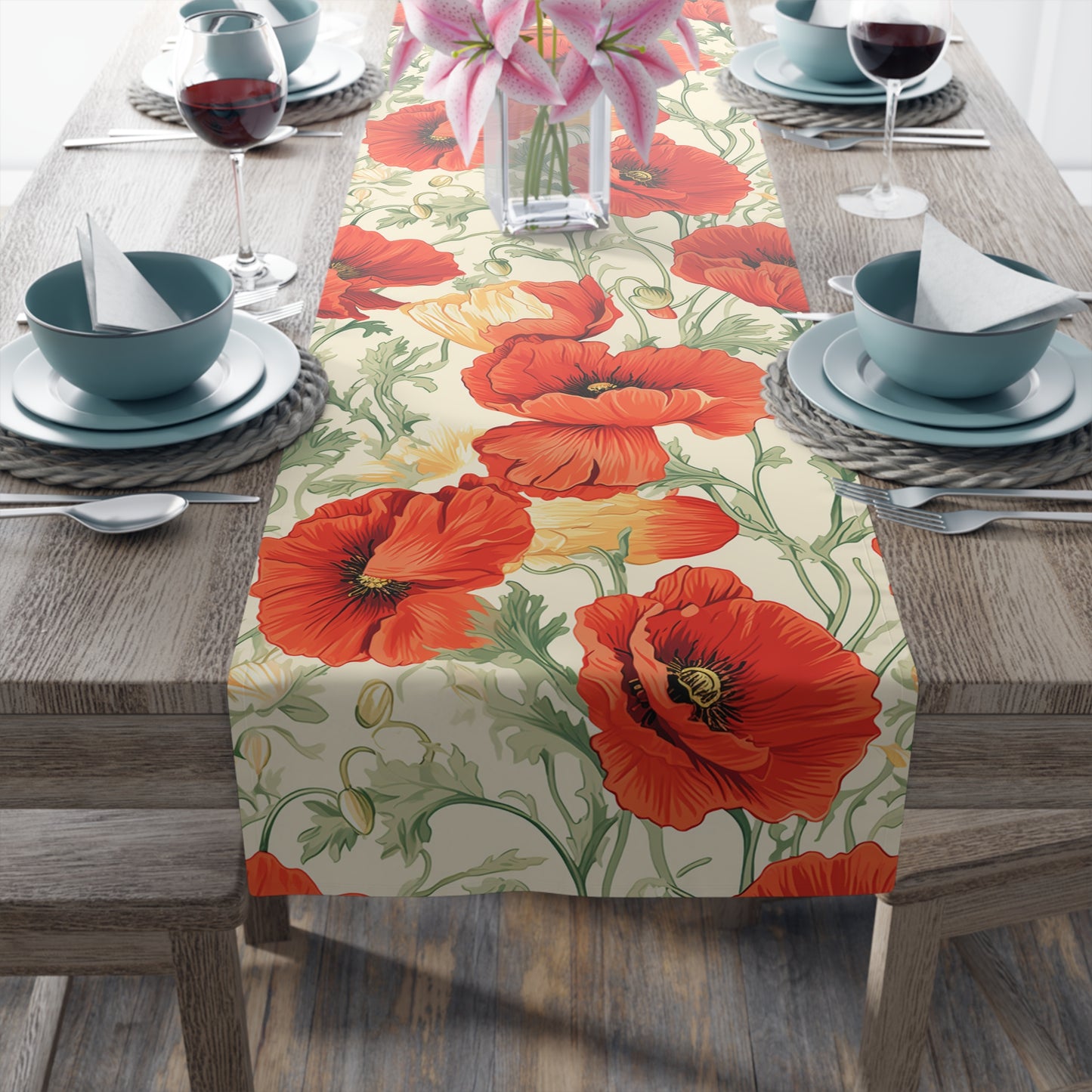 Red Poppy Table Runner | Bright Floral Décor in Red, Green, and Cream (72" or 90")