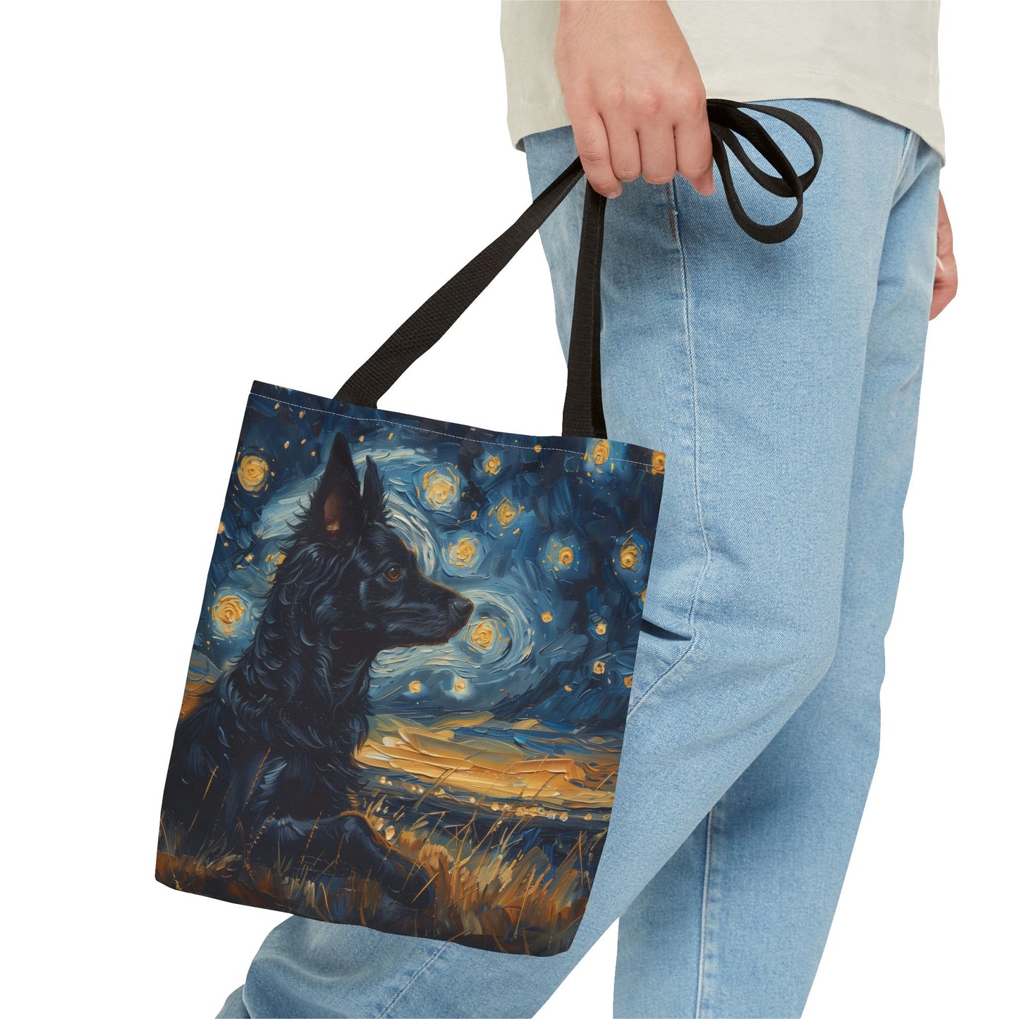 Starry Night Black Dog Tote Bag, Artistic Grocery & Beach Accessory