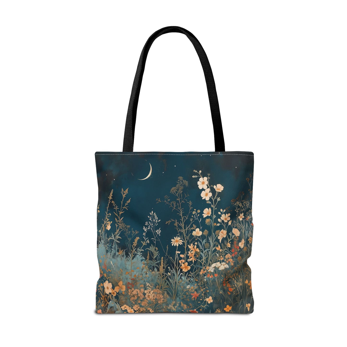 Nocturnal Bloom Crescent Moon Canvas Tote Bag, Floral Eco-Friendly Gift