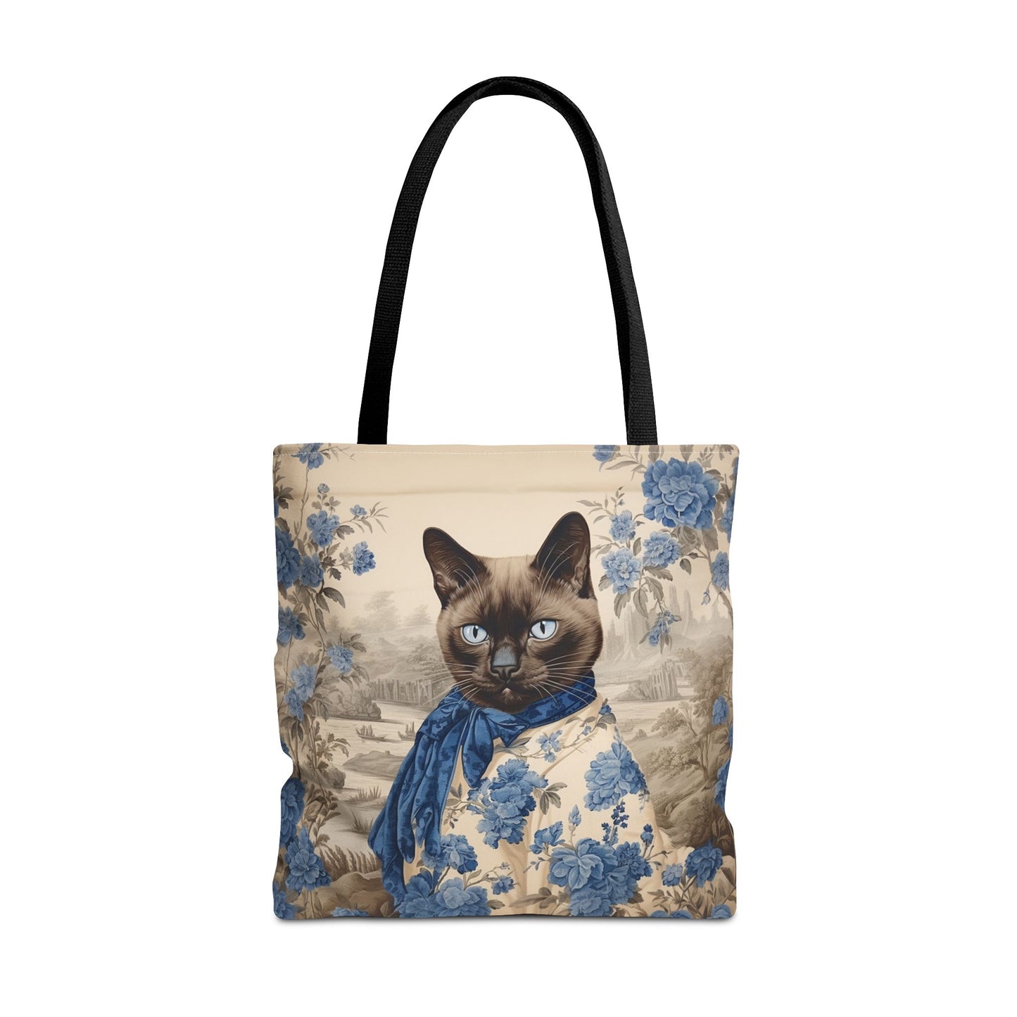 Siamese Elegance Tote Bag, Charming Cat Design in Blue and Beige Canvas