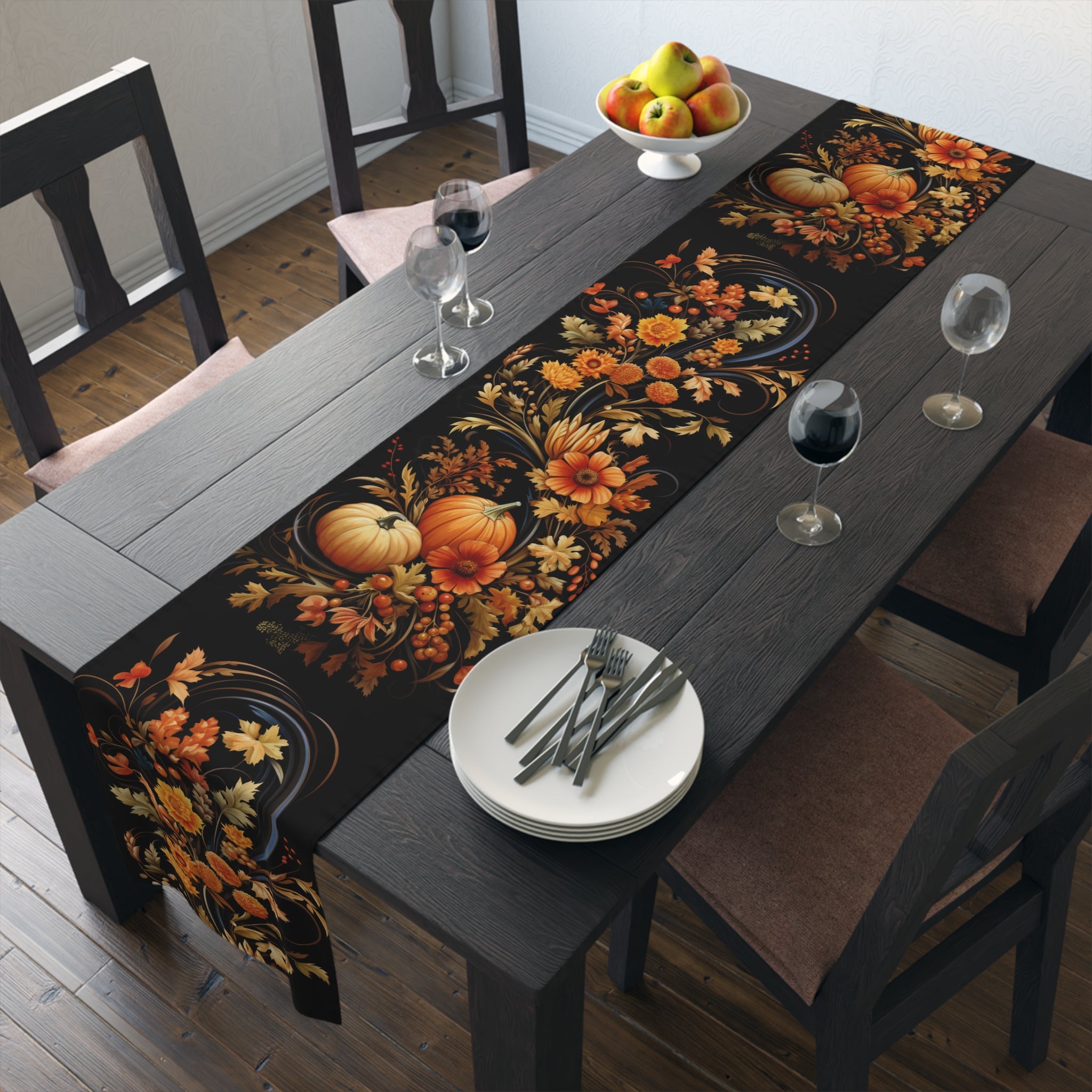 Thanksgiving Harvest Table Runner | Black, Orange, and Gold Design (72" or 90")