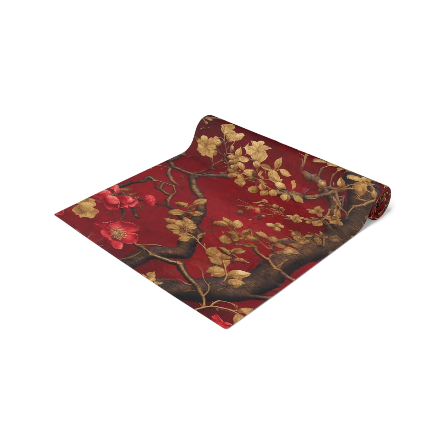 Crimson Blossom Table Runner | Red and Gold Floral Décor (72" or 90")