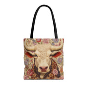 Floral Bull Art Tote Bag - Rustic Eco-Friendly Market Tote