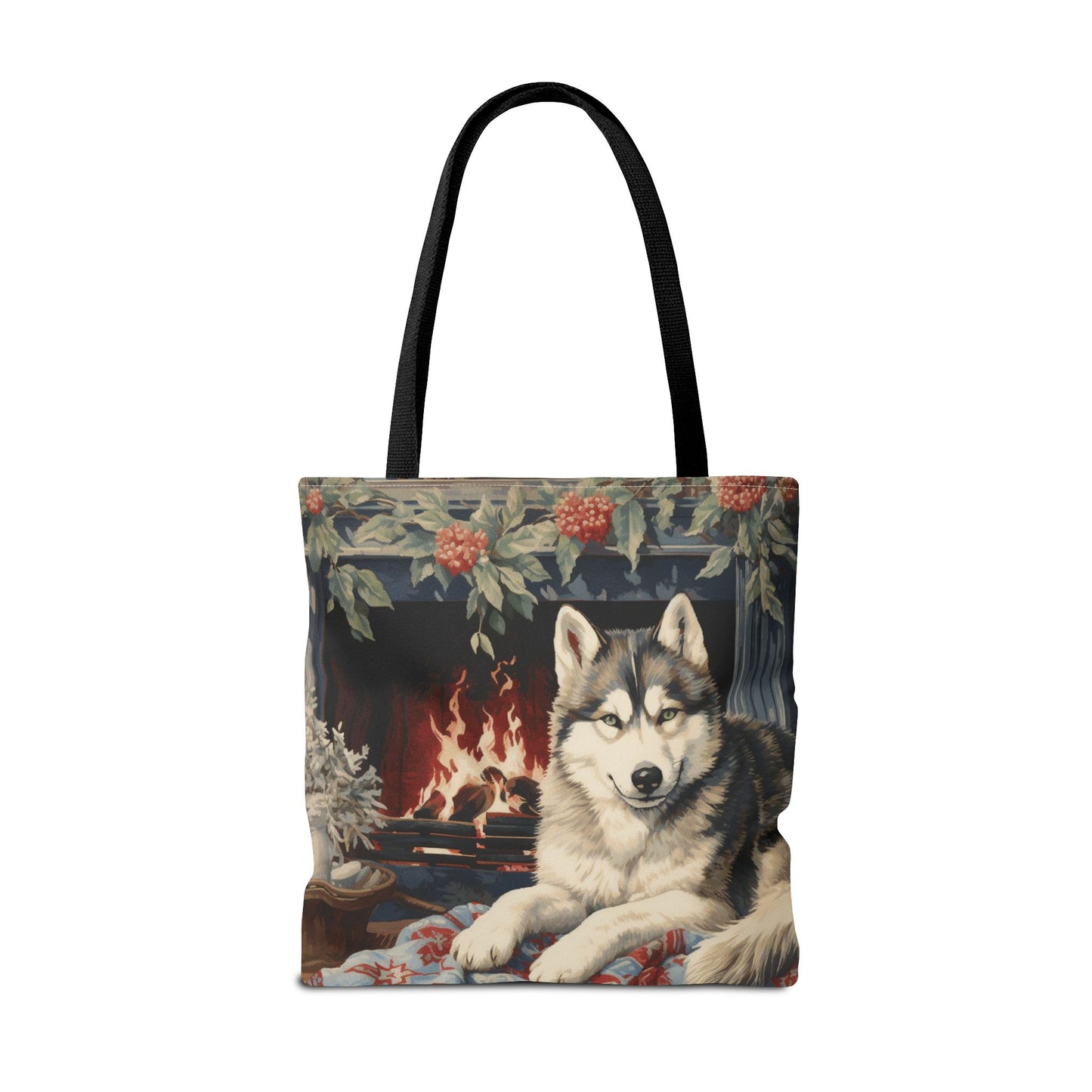 Siberian Husky Holiday Fireside Tote, Cozy Winter Canvas Bag