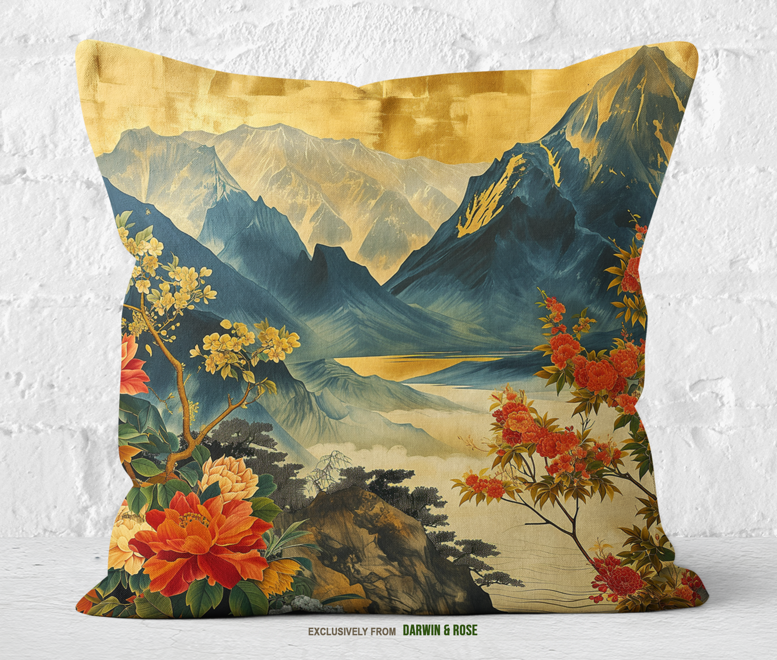 Golden Peaks and Blossoms Throw Pillow – Asian-Inspired Elegance