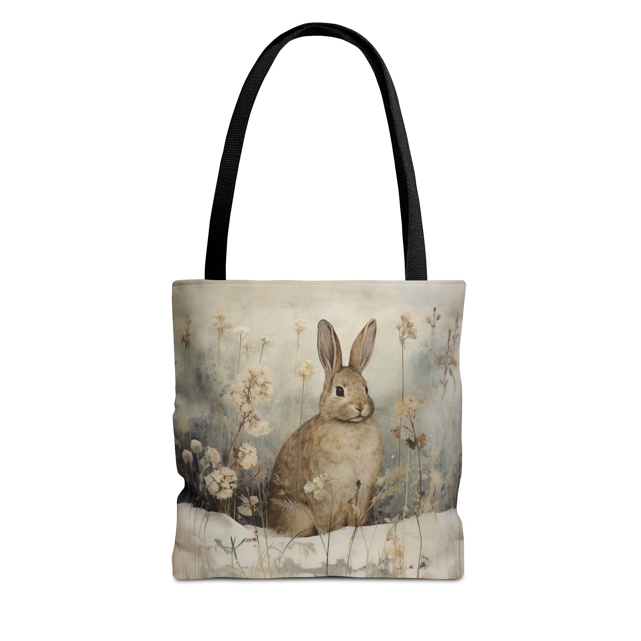 Winter Rabbit Tote Bag, Elegant Floral Design for Nature Lovers