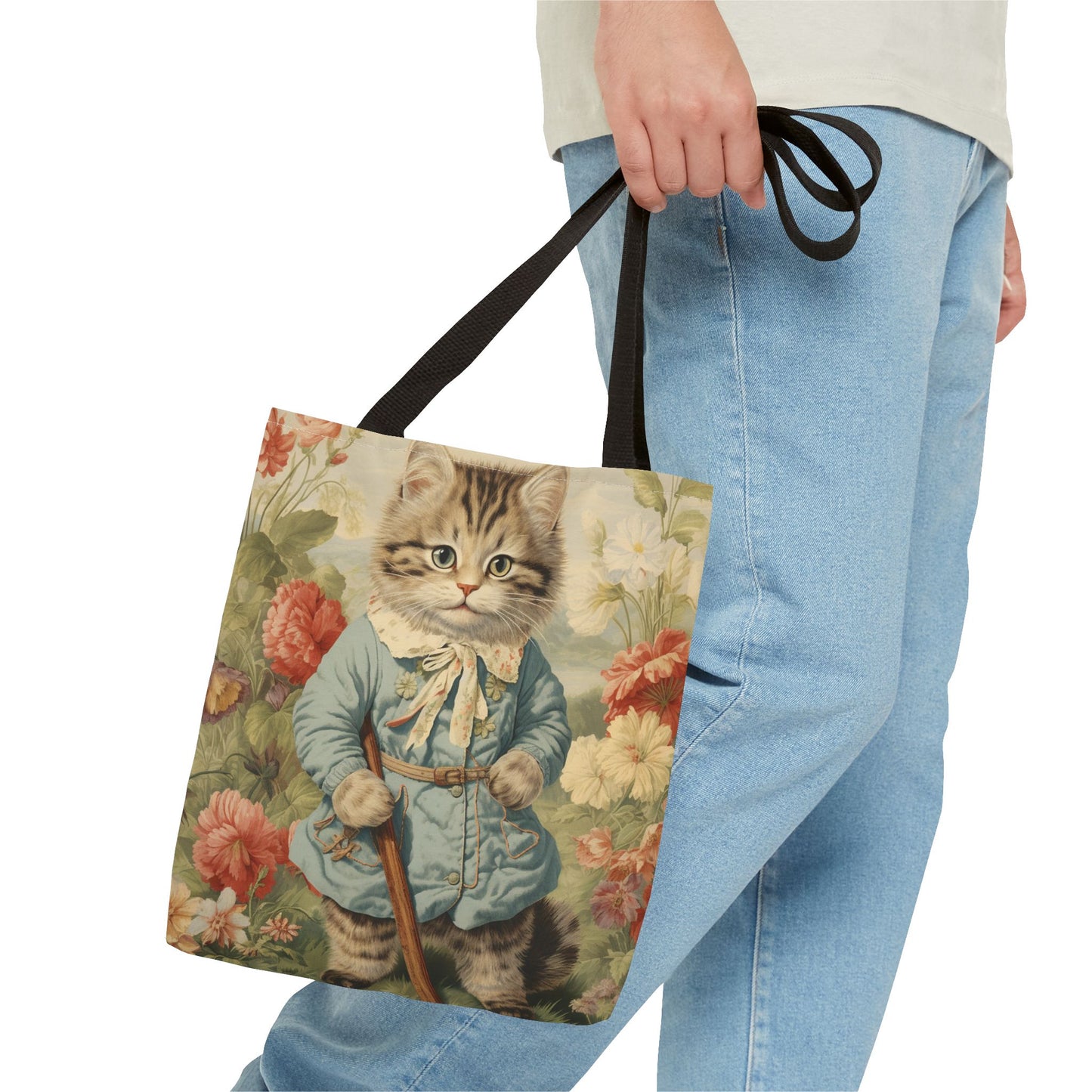 Whimsical Kitten Garden Tote Bag with Vintage Floral Design