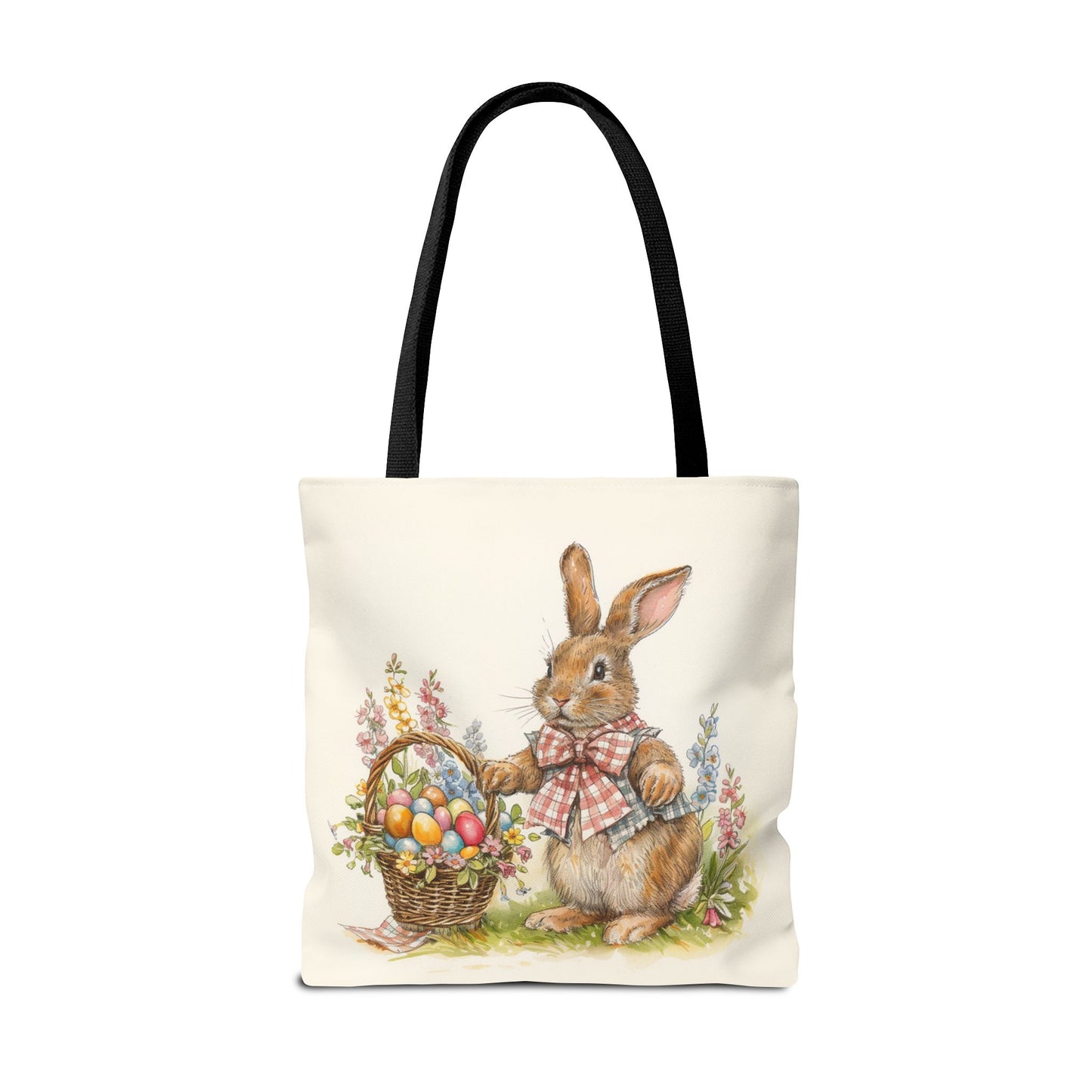 Easter Bunny Canvas Tote Bag with Floral and Basket Design