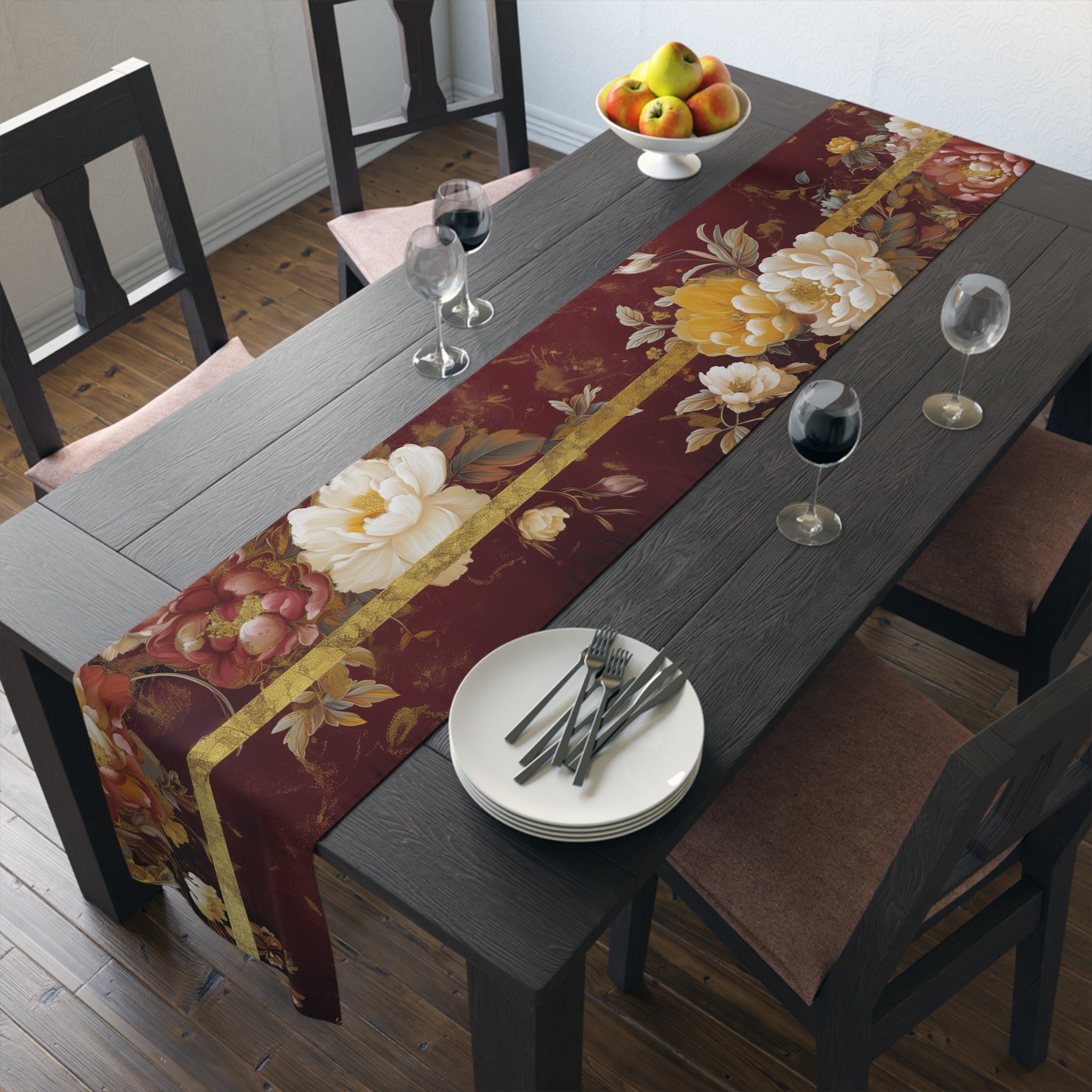 Burgundy Floral Table Runner | Gold, Yellow, and Cream Design (72" or 90")