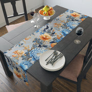 Marigold and Sapphire Table Runner | Blue and Orange Floral Décor (72" or 90")