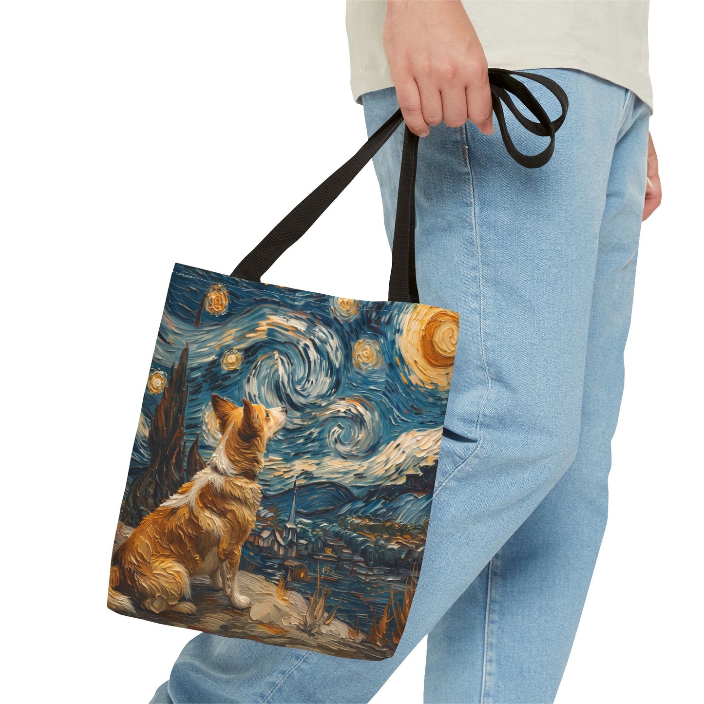 Starry Night Corgi Canvas Tote Bag - Artistic Dog Lover Gift