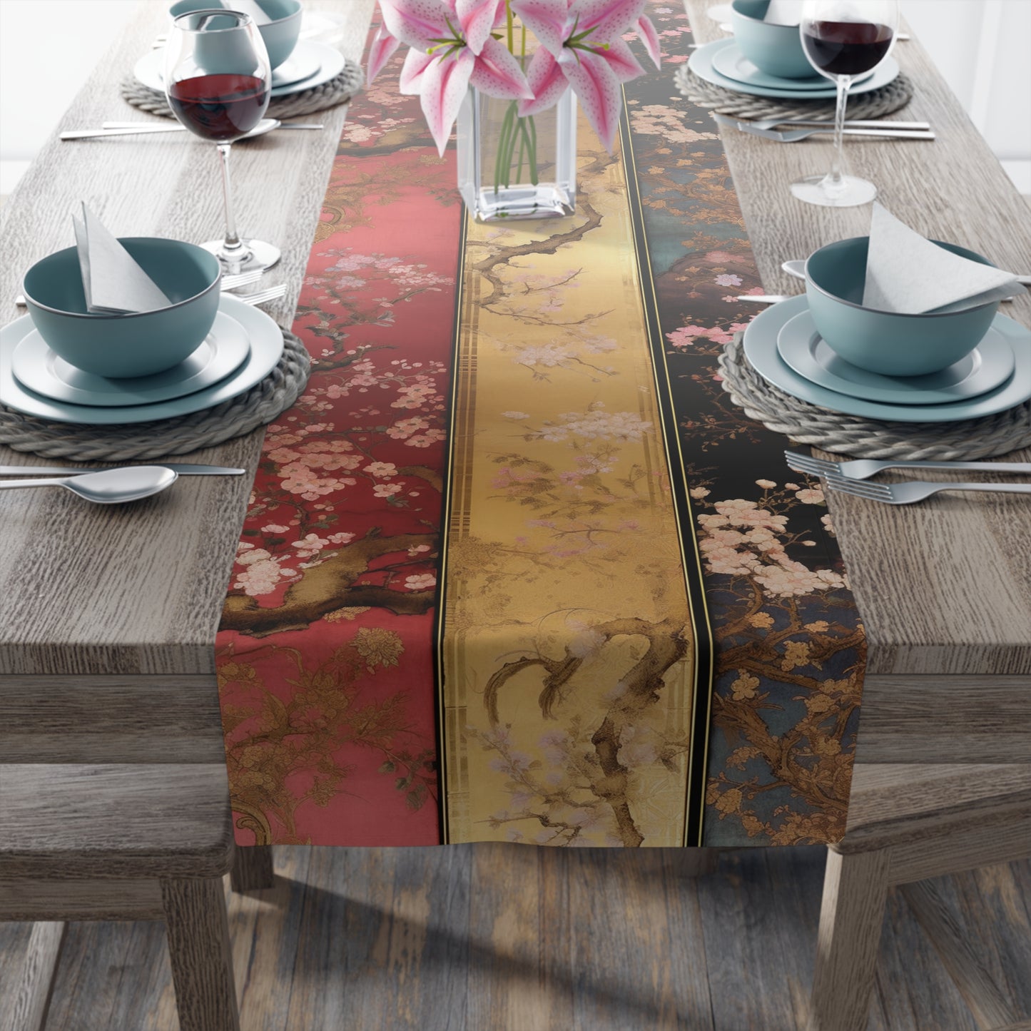 Elegant Asian Table Runner | Crimson Red, Gold, Blue, Black Luxury Decor (72" or 90")