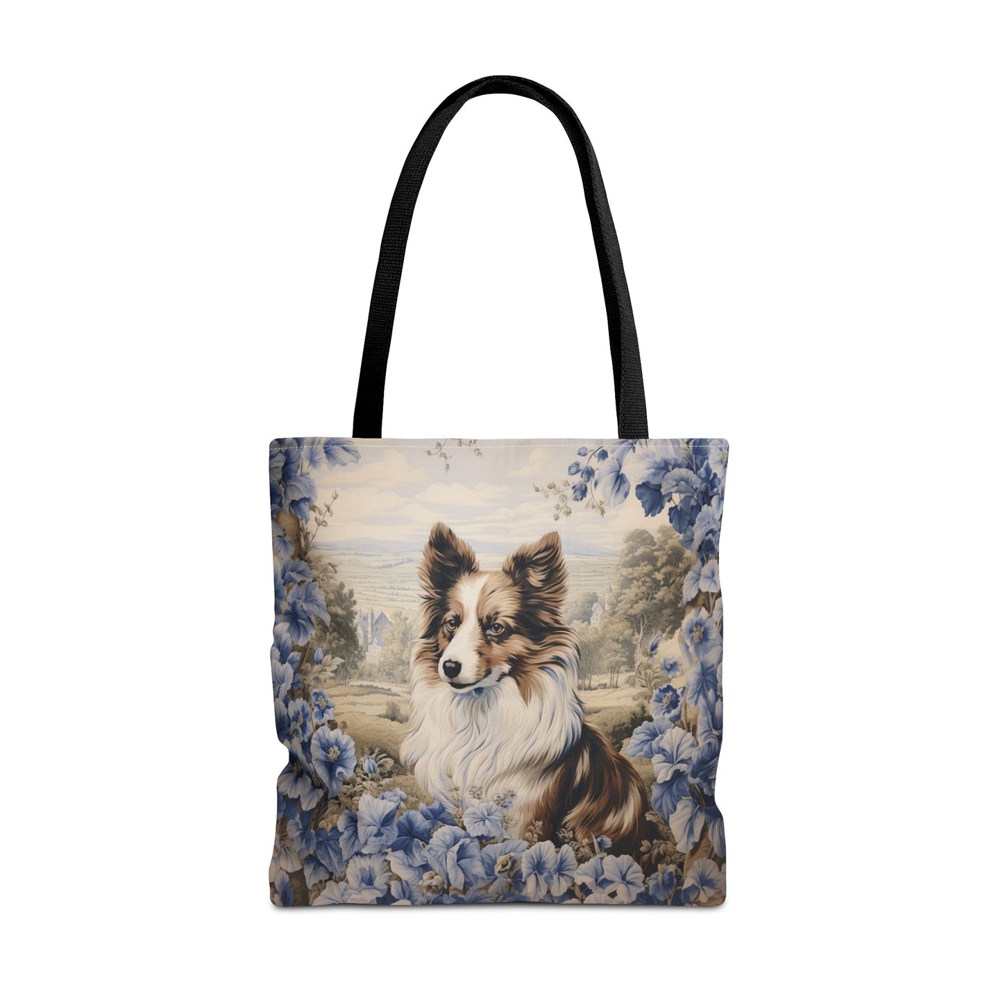 Shetland Sheepdog Floral Tote Bag, Blue Vintage Market Bag for Dog Lovers