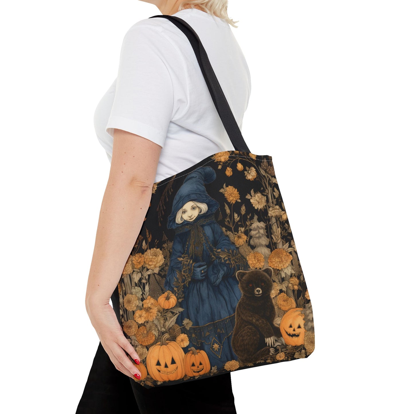 Enchanting Harvest Witch Tote Bag with Autumn Bear Scene