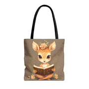 Whimsical Fawn Reader Canvas Tote Bag, Eco-Friendly Book Lover Gift