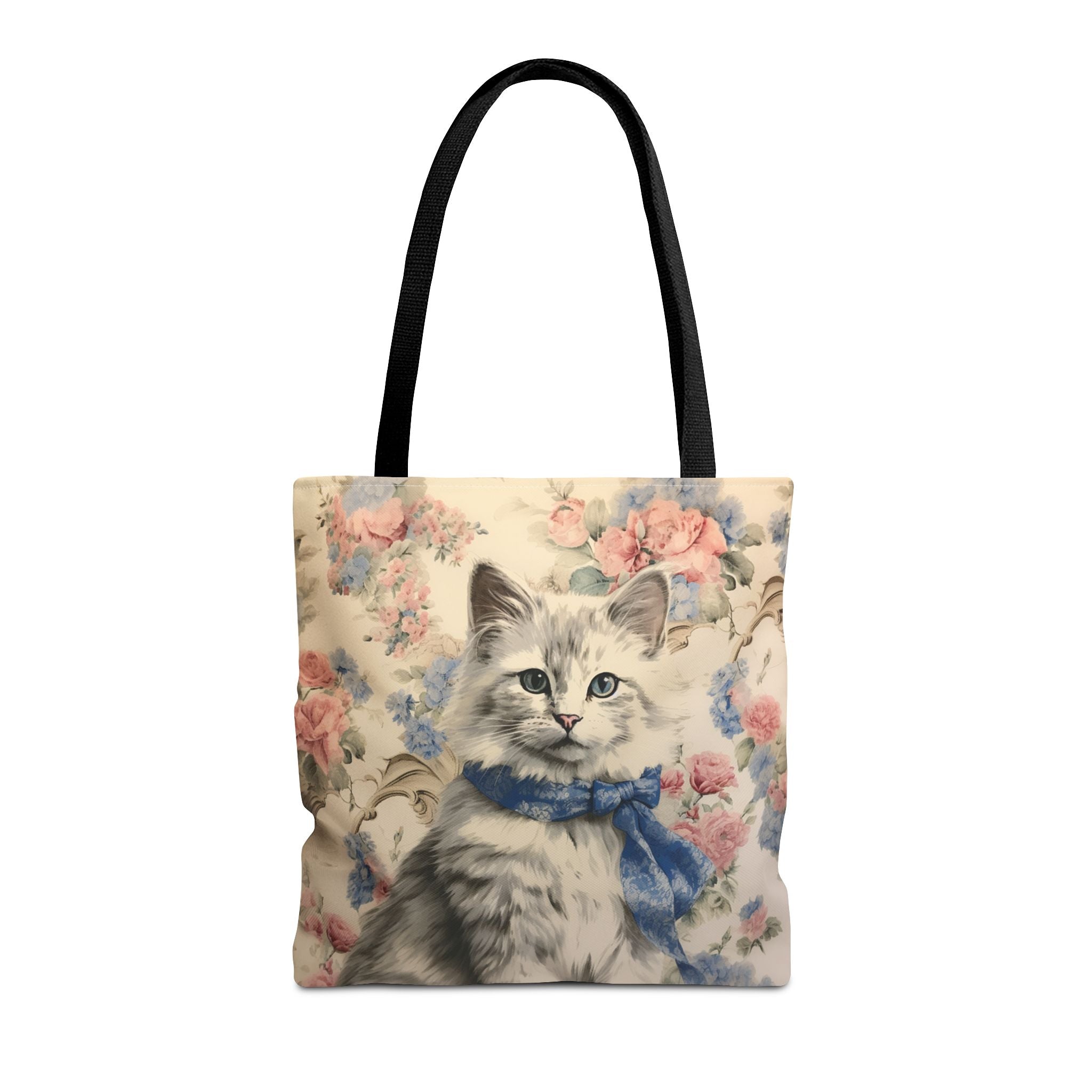 Charming Floral Cat Tote Bag with Pastel Blossoms, Elegant Gift