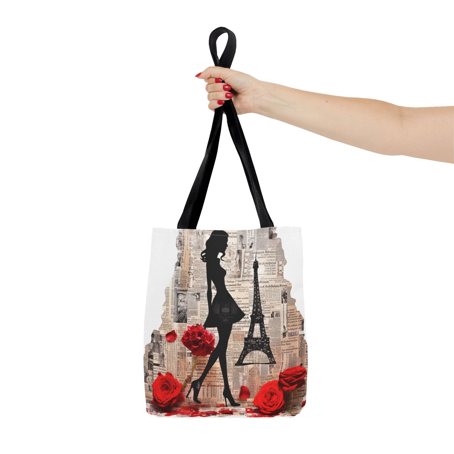 Parisian Elegance Tote Bag with Eiffel Tower & Red Rose Design