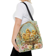 Easter Chick Trio Canvas Tote Bag, Spring Floral Shopping Bag