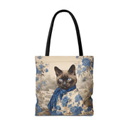 Siamese Elegance Tote Bag, Charming Cat Design in Blue and Beige Canvas