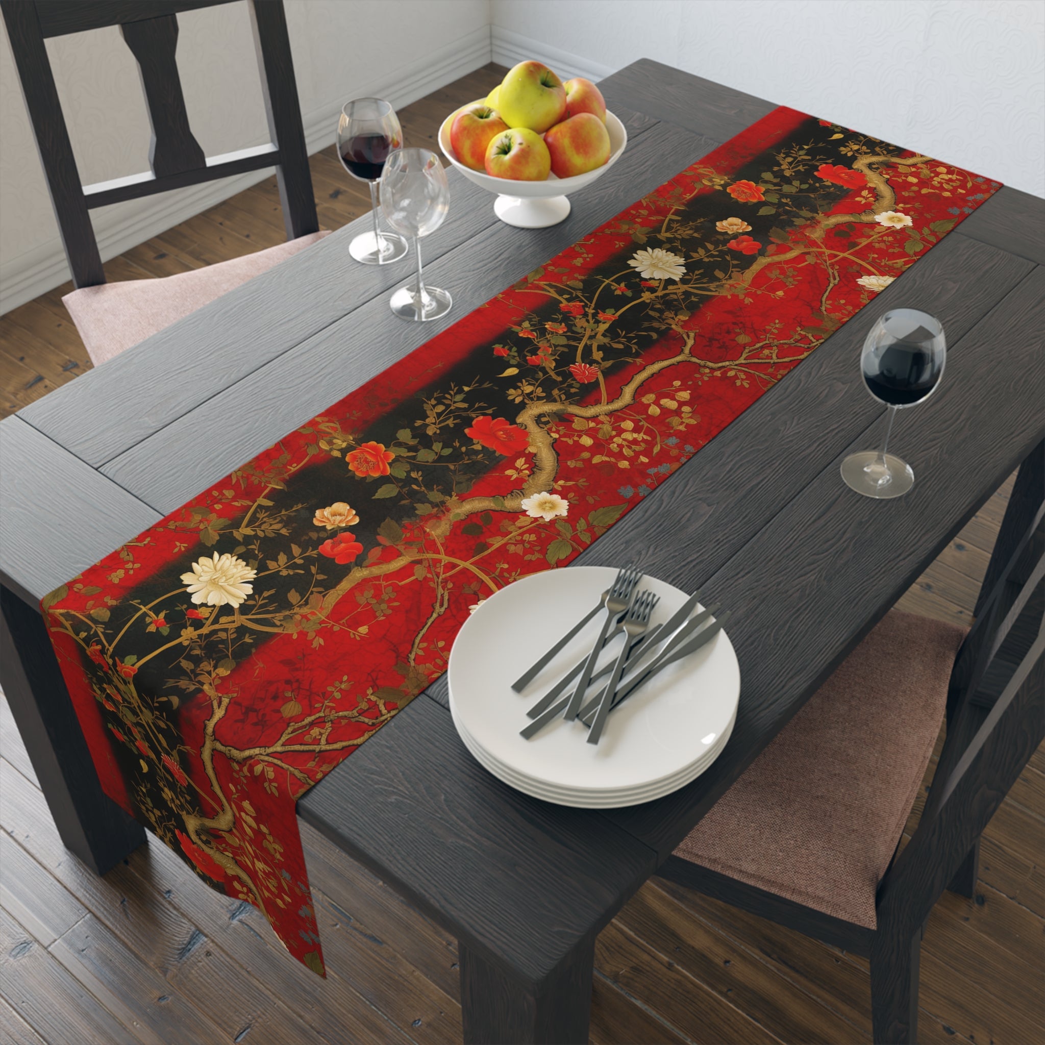 Luxury Red & Black Floral Table Runner | Gold Accents, Elegant Design (72" or 90")