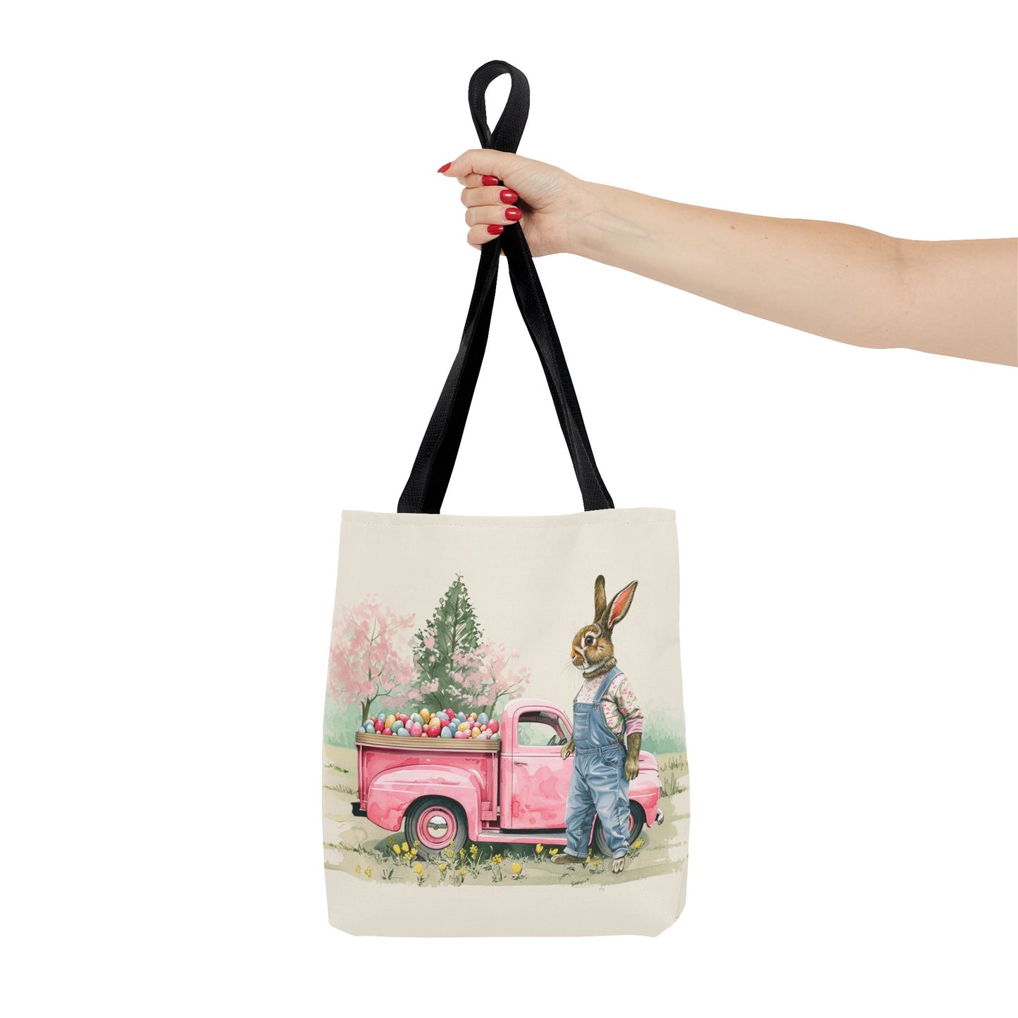 Vintage Easter Bunny Tote Bag, Pink Truck Design, Eco-Friendly Canvas