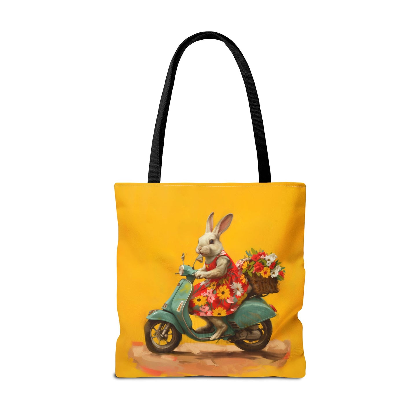 Bunny on Scooter Flower Tote Bag, Vibrant Artistic Market Bag