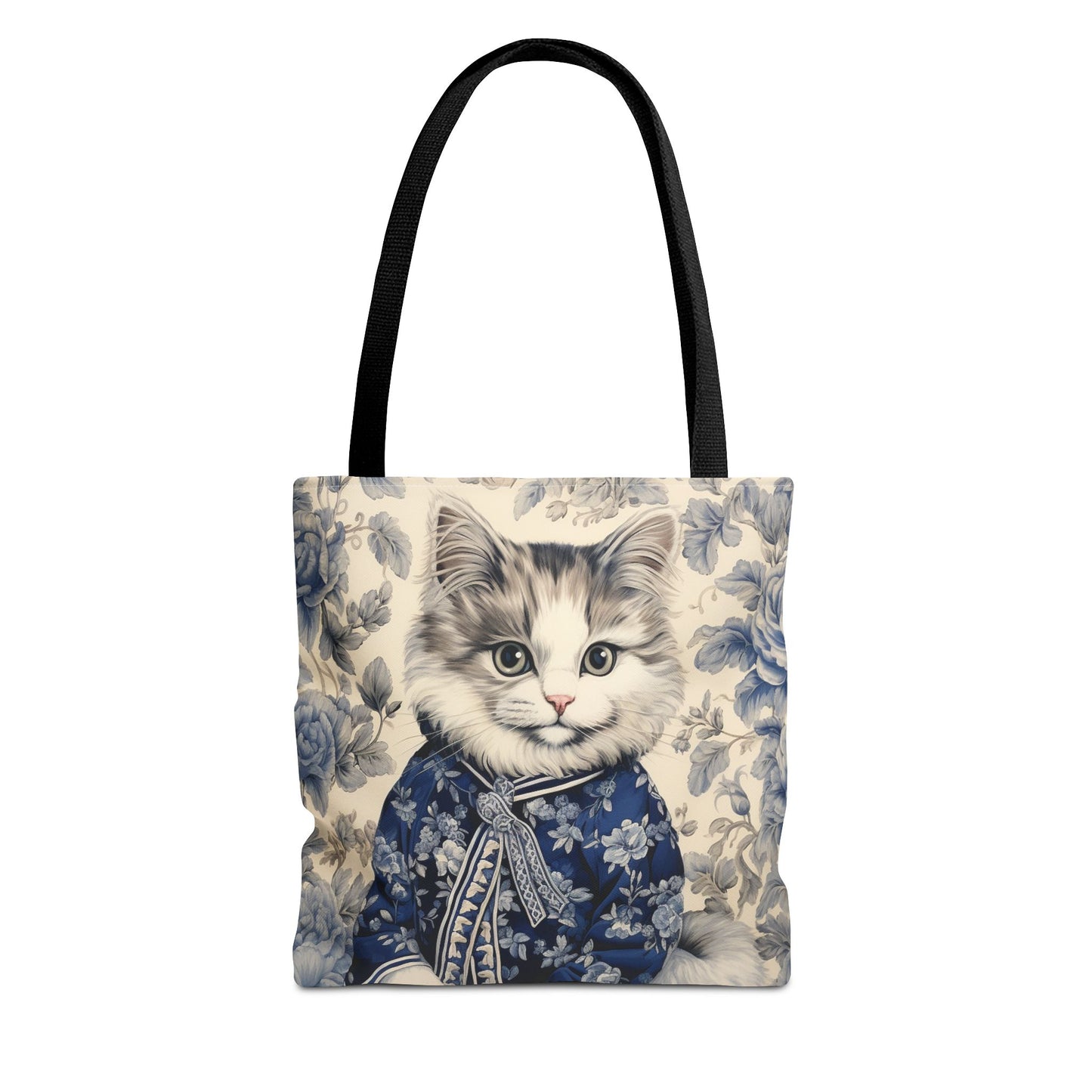 Chic Blue Floral Cat Tote Bag – Eco-Friendly Reusable Canvas