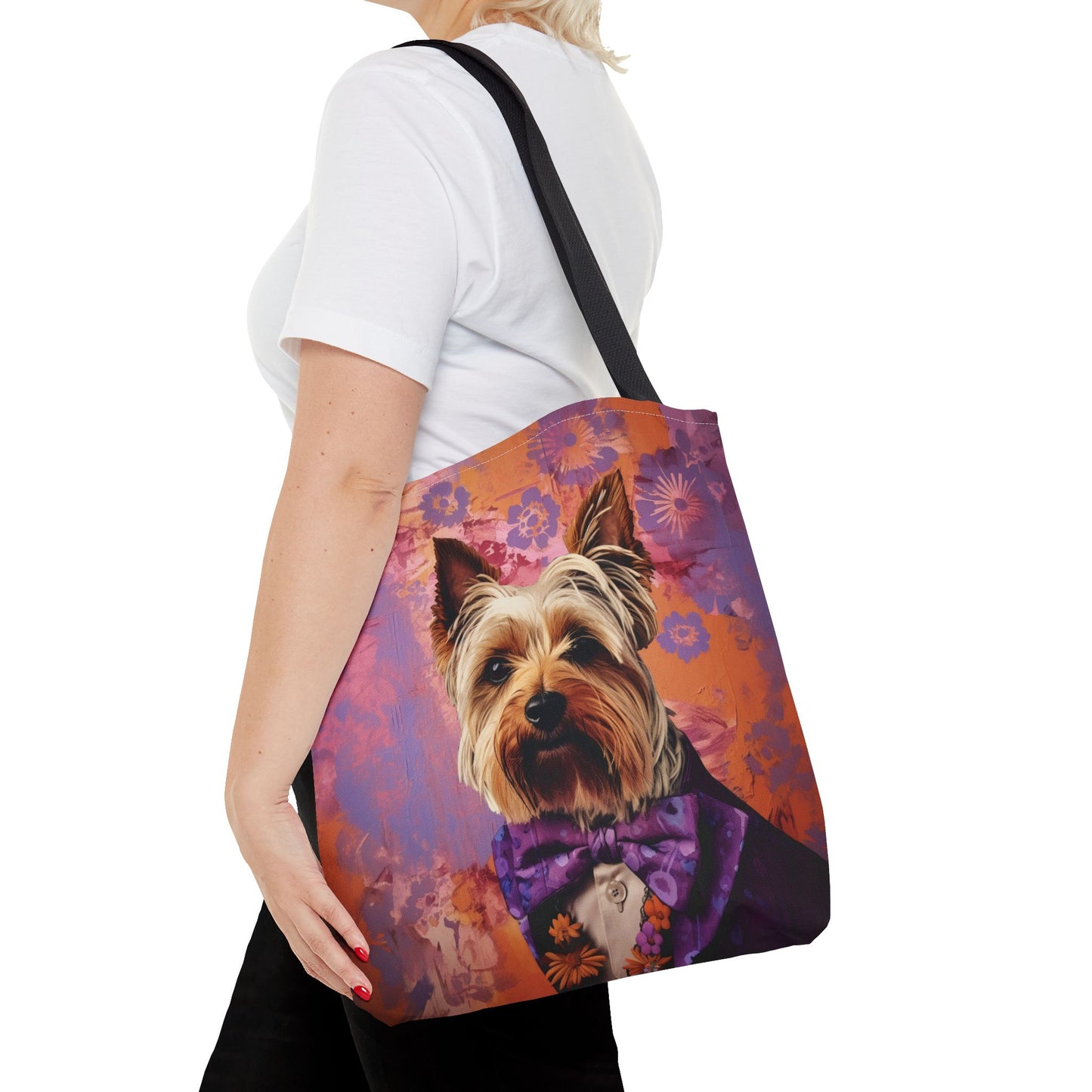 Yorkie Elegance Tote Bag with Vibrant Floral Backdrop, Eco-Friendly