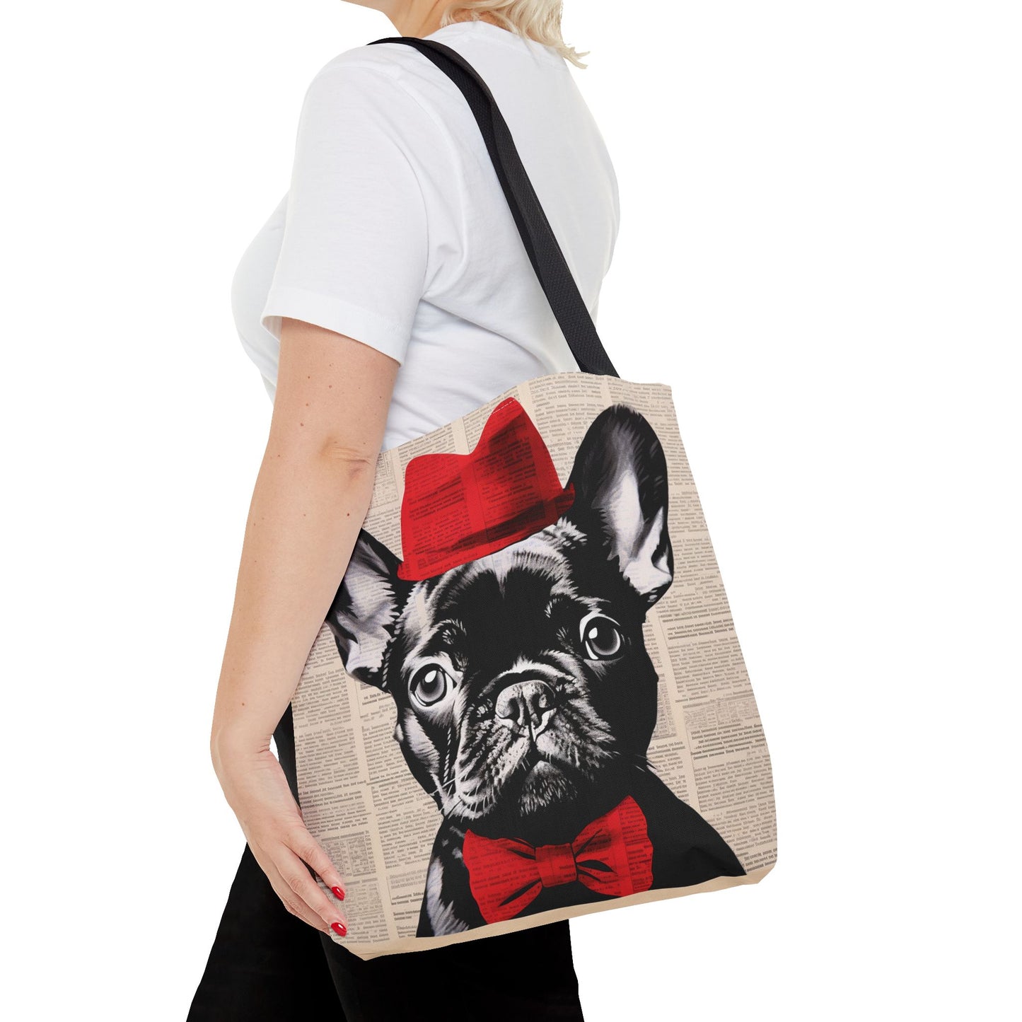 French Bulldog Tote Bag with Red Hat, Stylish Canvas Market Bag