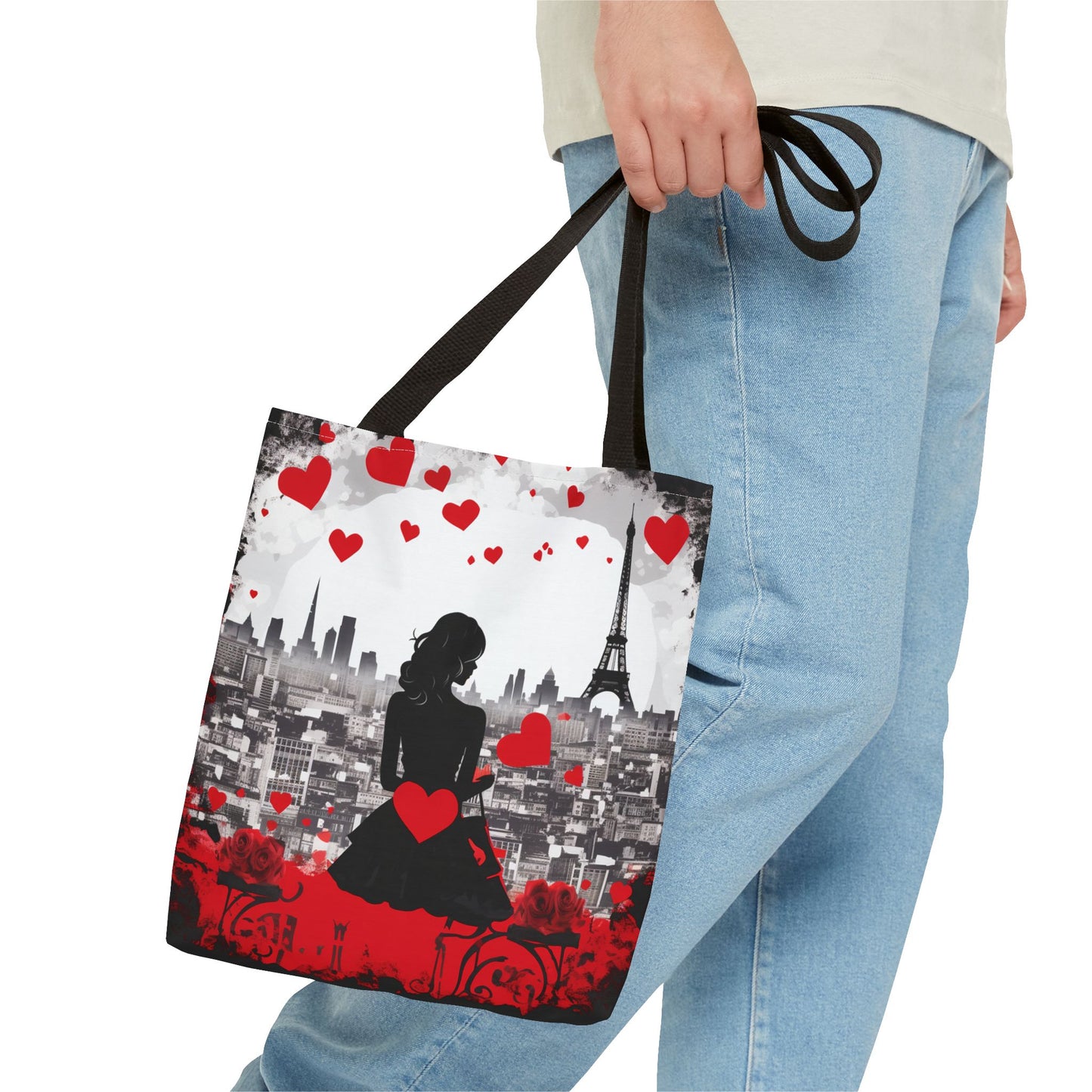 Parisian Romance Tote Bag - Eiffel Tower Design with Heart Accents