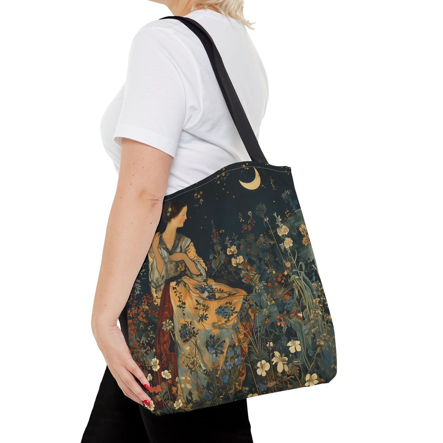 Moonlit Floral Canvas Tote Bag - Elegant Eco-Friendly Shopper