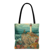 Coastal Lighthouse Art Canvas Tote Bag, Eco-Friendly Beach Essential